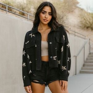 Vintage Havana Shacket Womens Large Star Print Button‎ Front Crop Jacket Top